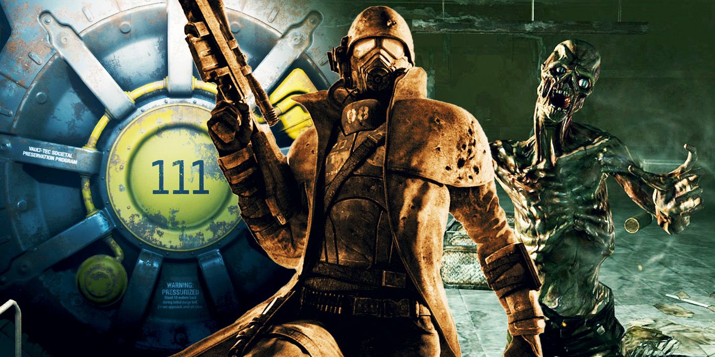 Vault 111 from Fallout 4, an NCR Ranger from Fallout New Vegas, and a ghoul from Fallout 3.