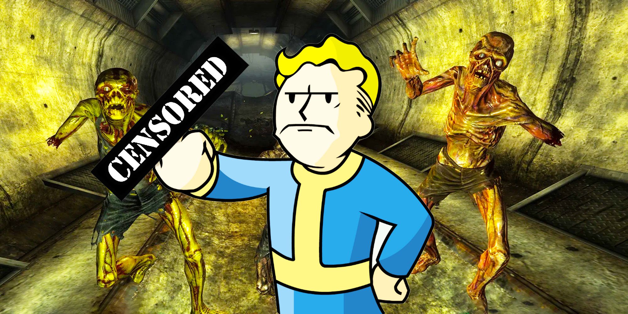 Fallout's Vault Boy looking angry, with a censored hand gesture, in front of two ghouls from Fallout 3.