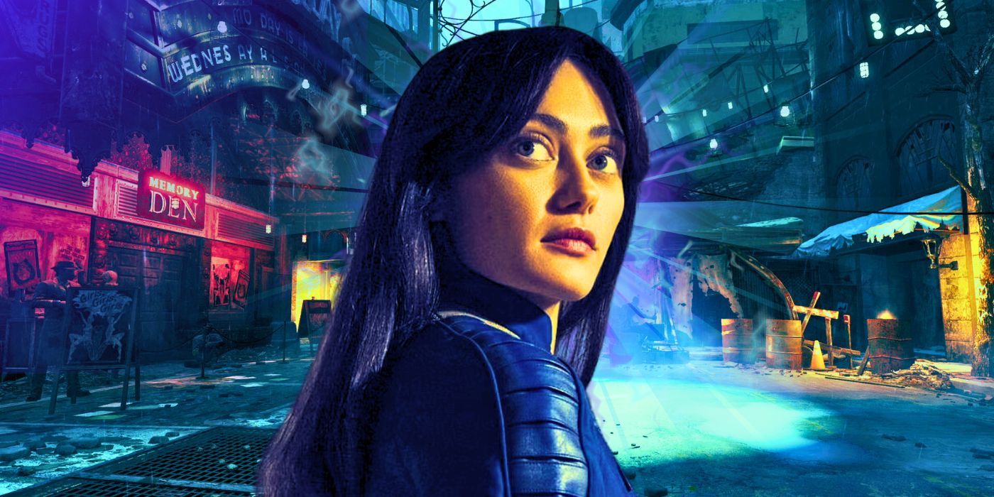 Ella Purnell as Lucy from Fallout's TV show above a background of Fallout 4