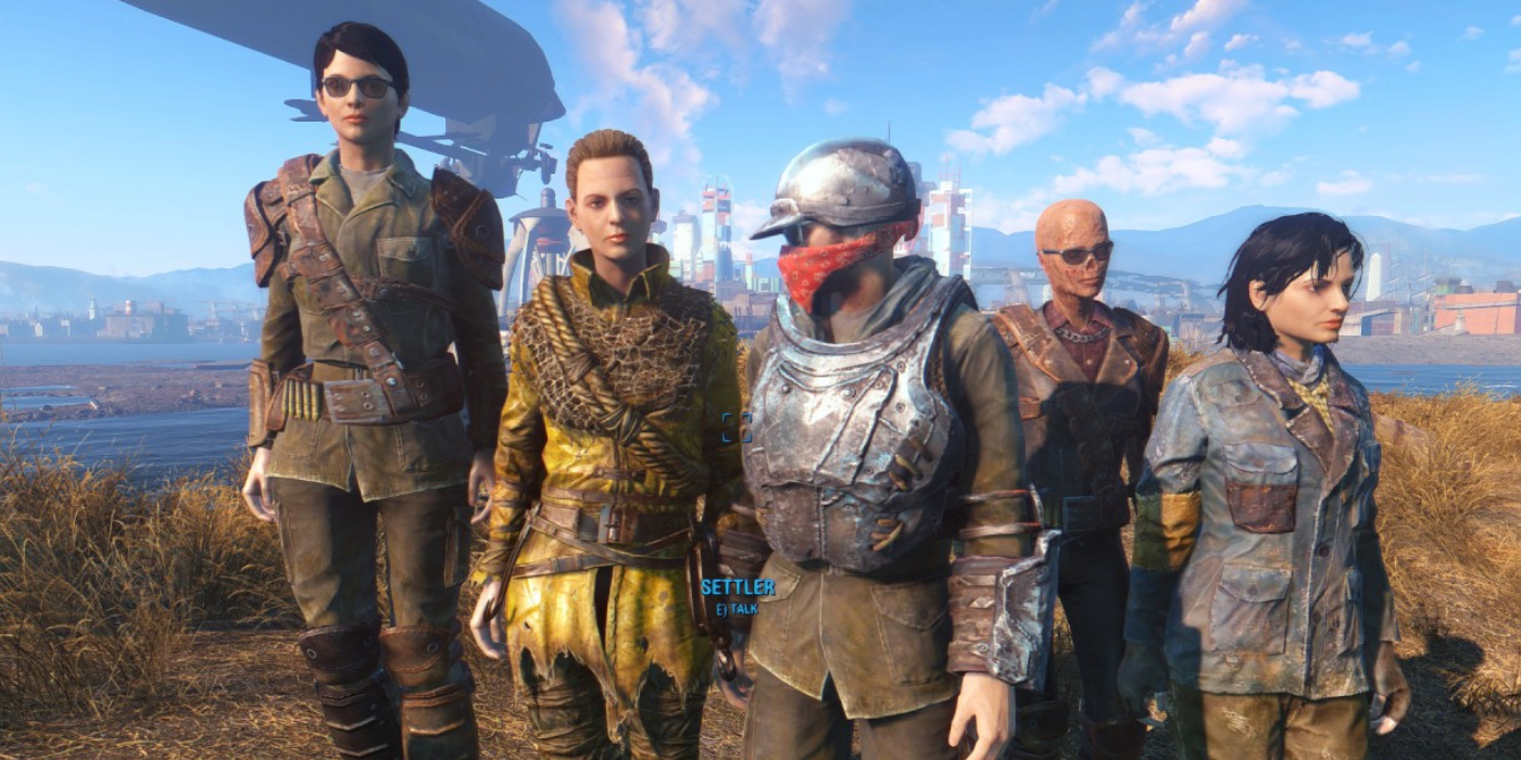 Personagens de Fallout parados em um terreno baldio com uma ponte atrás deles. 