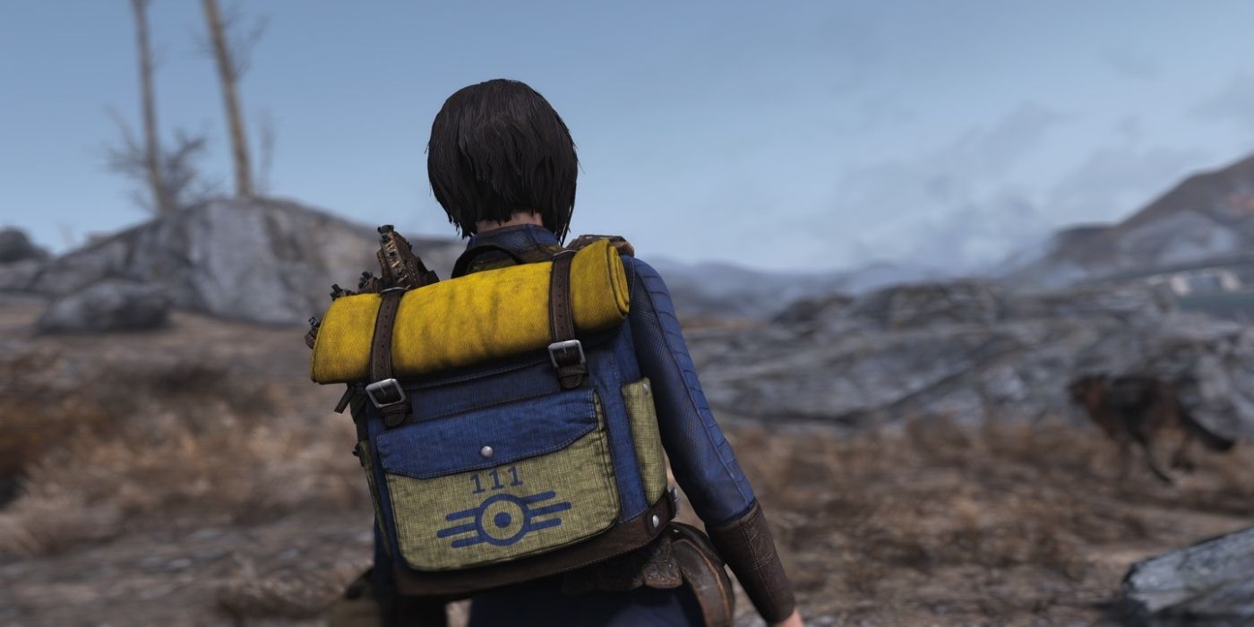 Um jogador usando a mochila Vault Tec de Lucy em Fallout 4