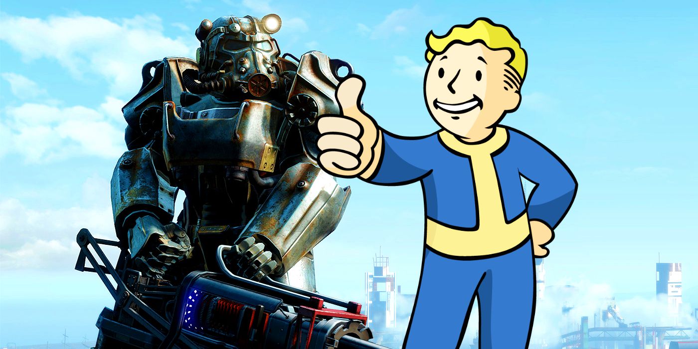 A Fallout 4 character in Power Armor holding a gatling laser next to the Pip-Boy mascot giving a thumbs up.