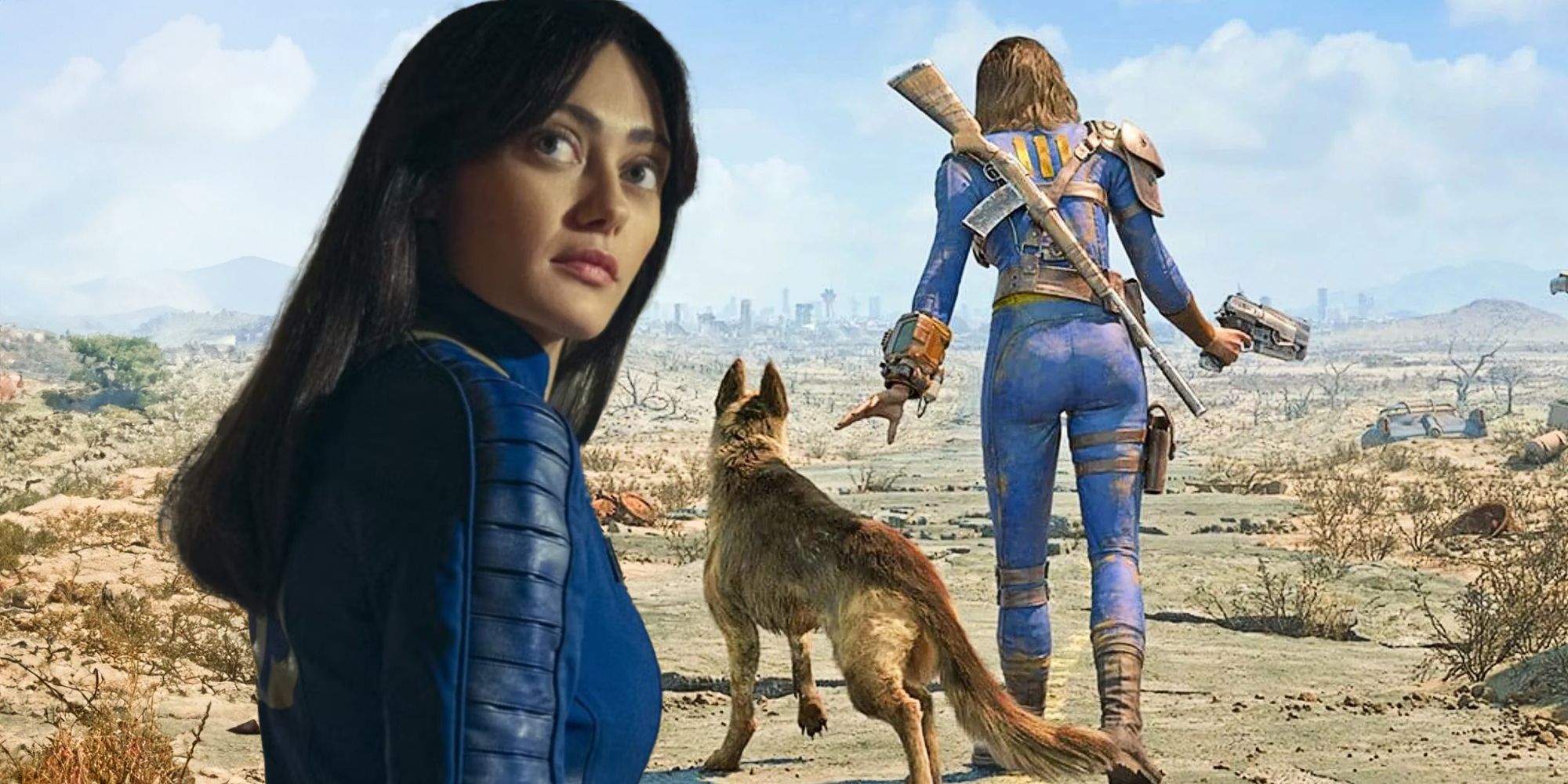 Fallout 4's female survivor and Dogmeat with Lucy McLean from the show