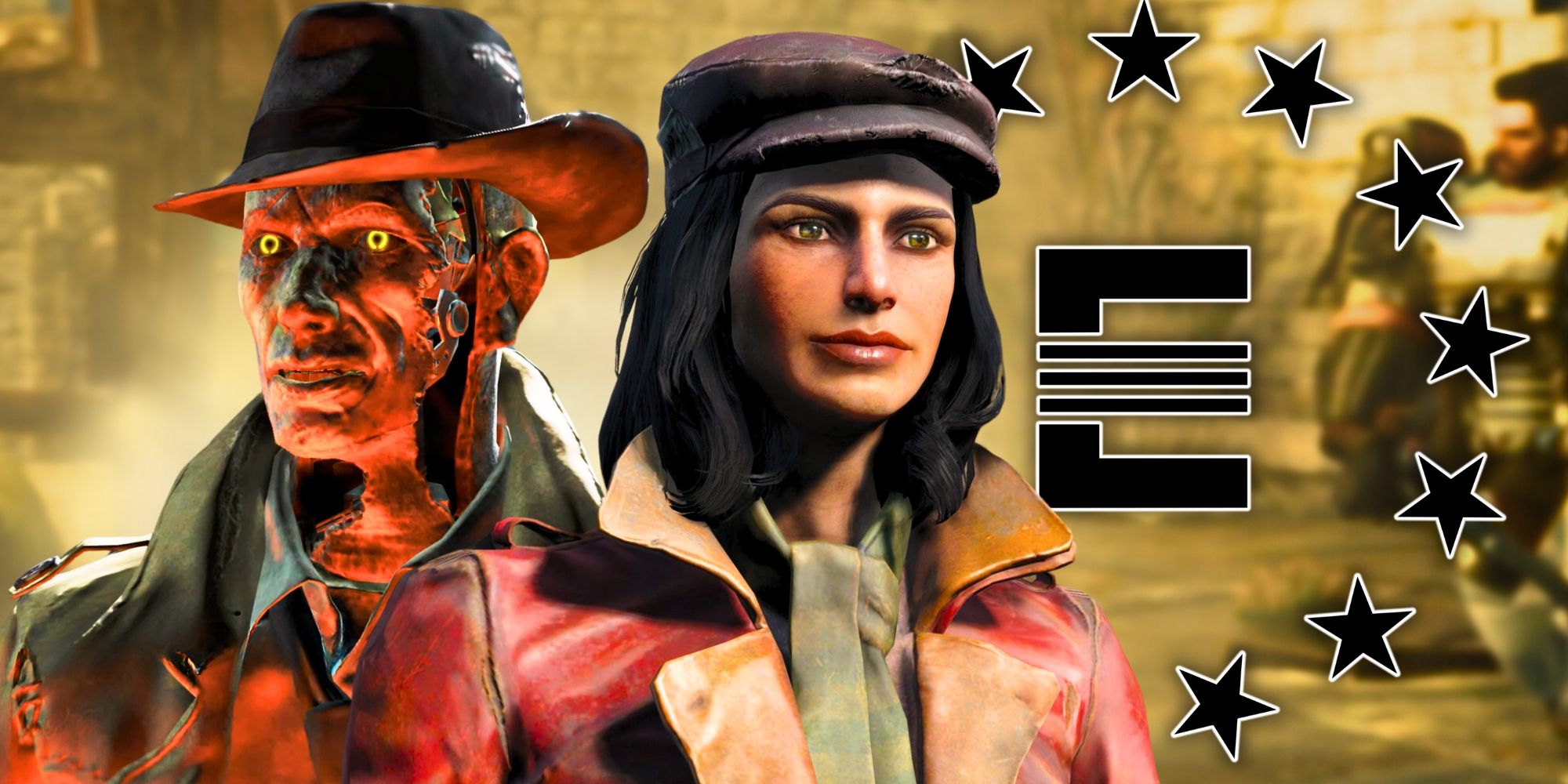 Fallout Ghoul with a woman from Fallout 4 and the Enclave symbol behind them. 