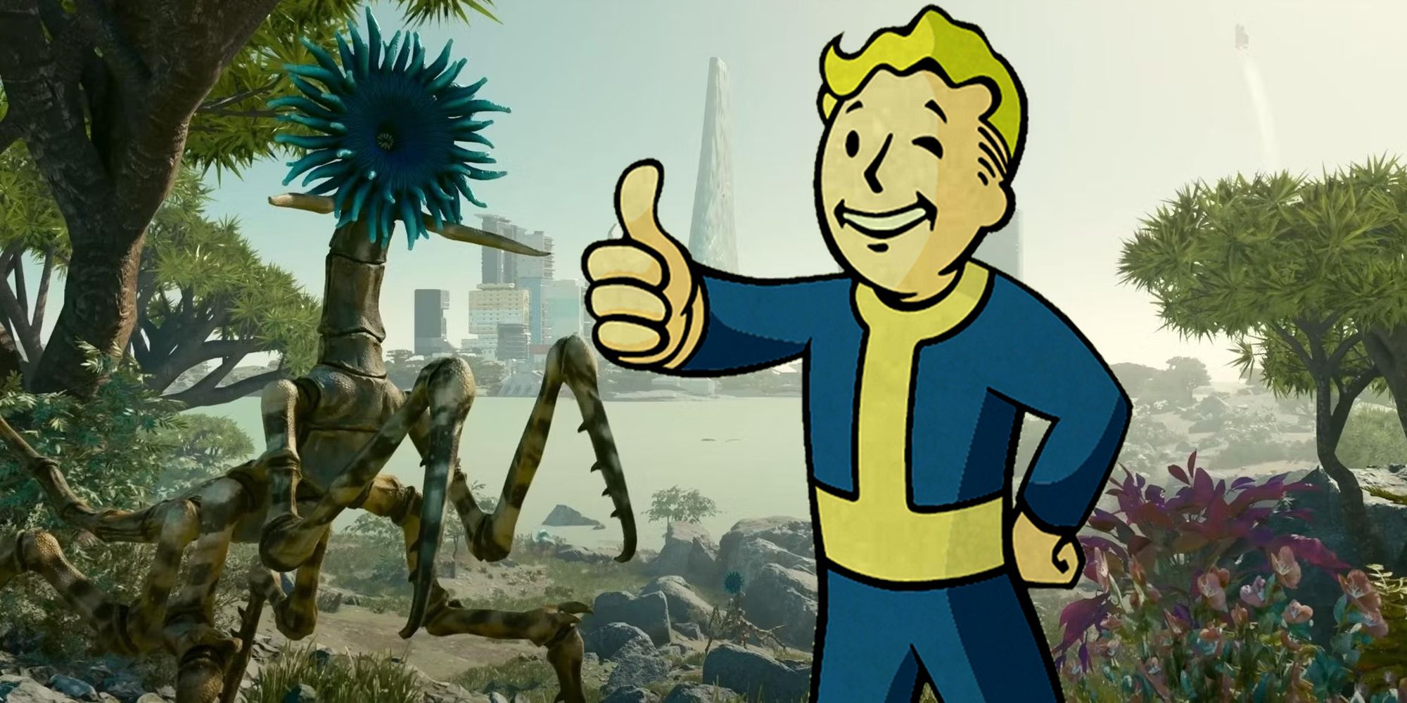 Fallout 4's Vault Boy with Starfield's Coralbug Scavenger outside New Atlantis