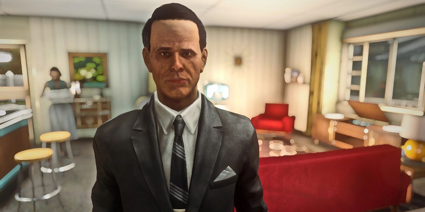 Um personagem parecido com Cooper Howard parado dentro de uma bela casa em Fallout 4