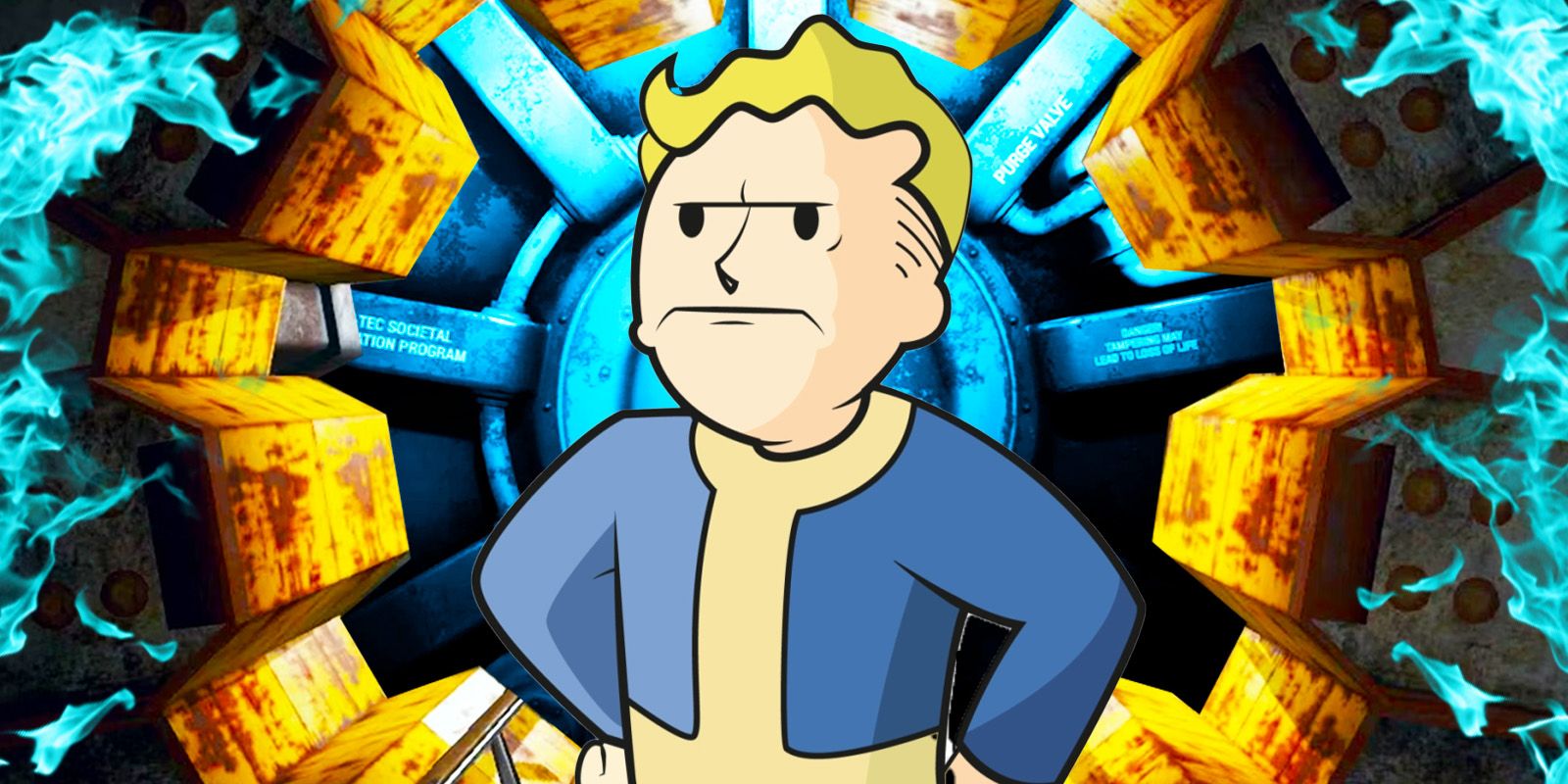Fallout 4 vault boy angry in front of a vault