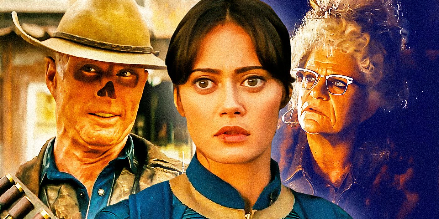 Walton Goggins as the Ghoul/Cooper Howard, Ella Purnell as Lucy MacLean, and Dale Dickey as Ma June in the Fallout show