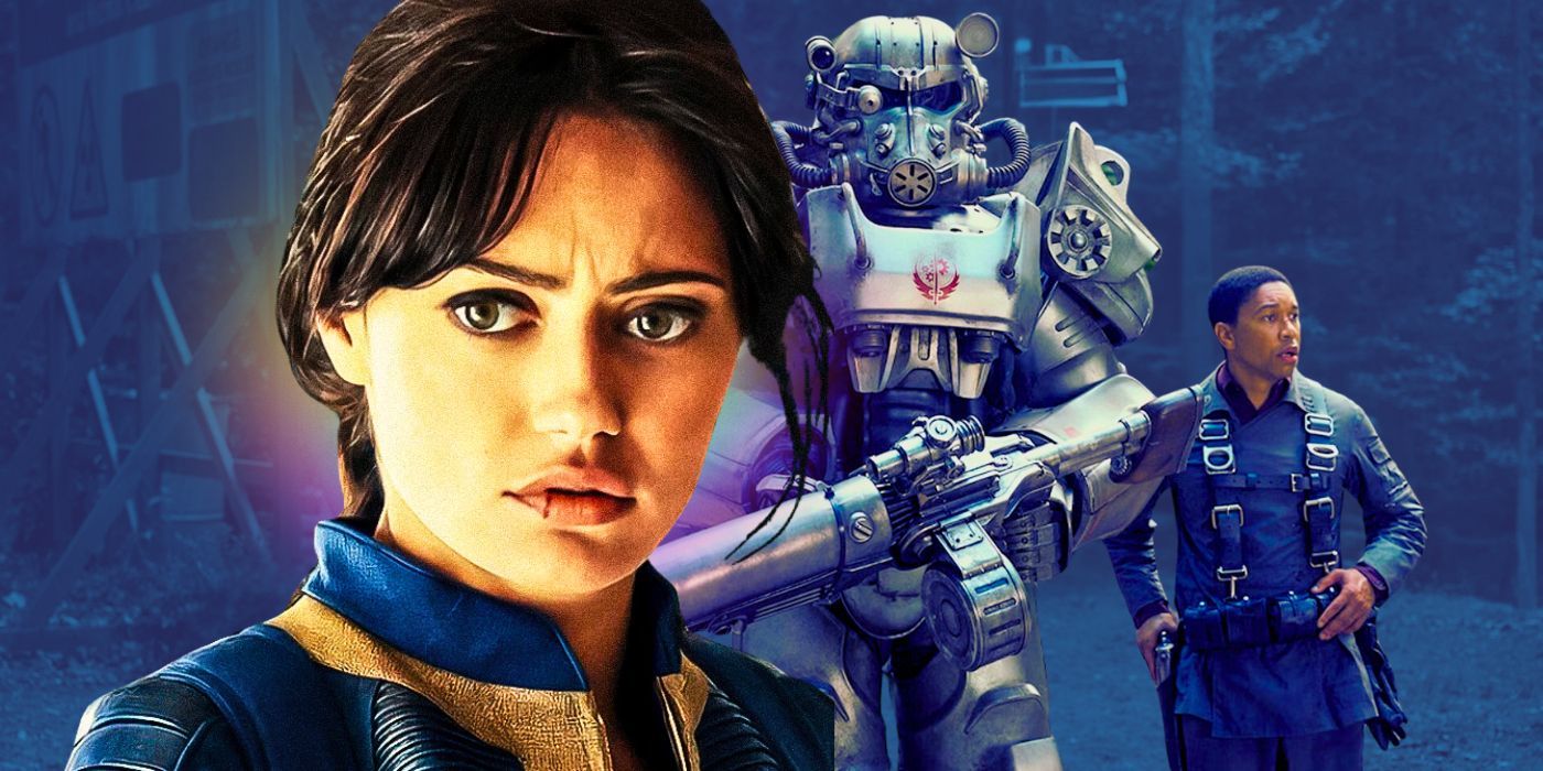 Lucy MacLean (Ella Purnell) looks at the camera with a concerned look with Maximus and Knight Titus in his power armor behind her in Fallout season 1