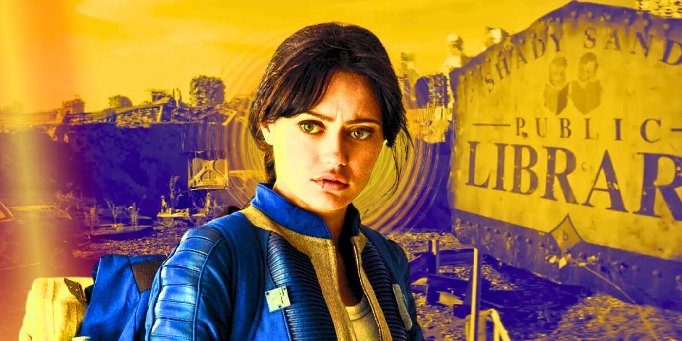 Ella Purnell as Lucy in the Fallout TV show on a background of post-apocalyptic America
