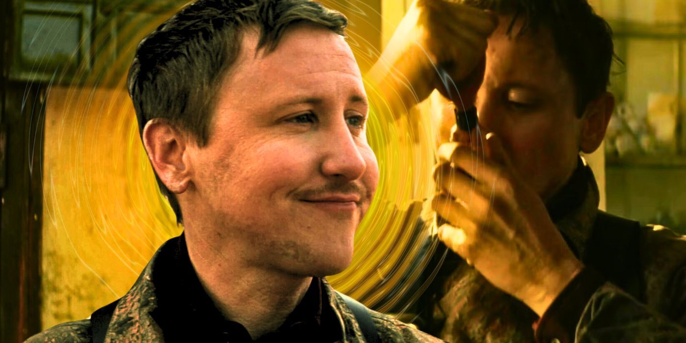 Johnny Pemberton as Thaddeus smiling and inhaling the serum in Fallout
