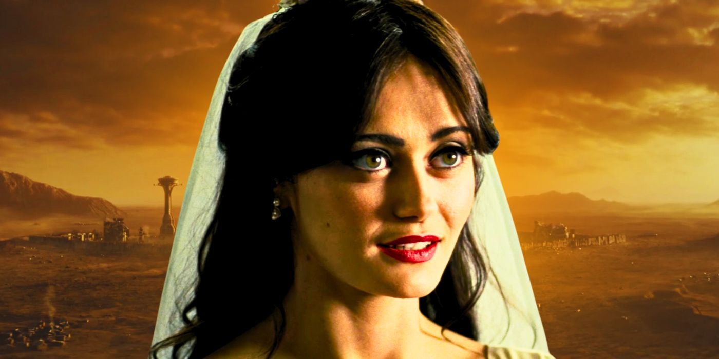 Lucy MacLean (Ella Purnell) in her wedding gown and makeup in front of the ruined skyline of the New Vegas Strip from Fallout