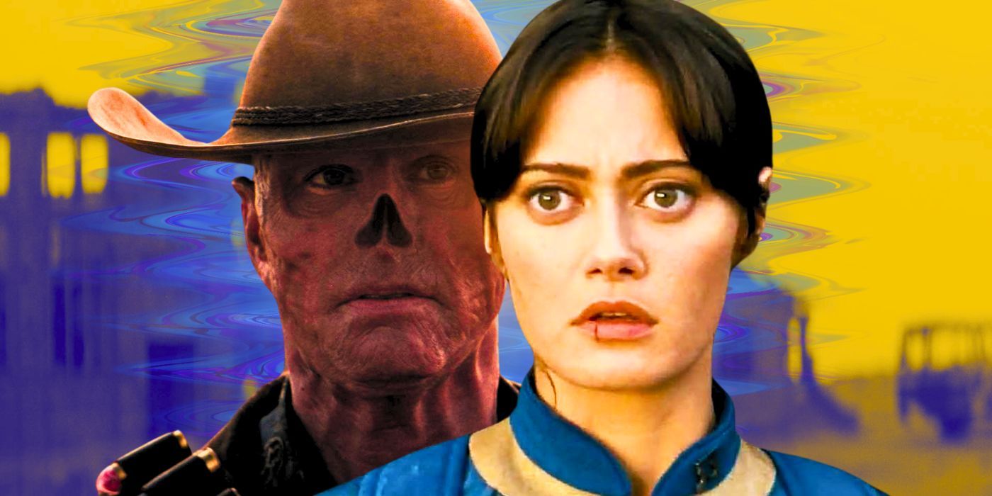 Walton Goggins as The Ghoul and Ella Purnell as Lucy MacLean, both with a confused look, in Fallout set against a blue and yellow background