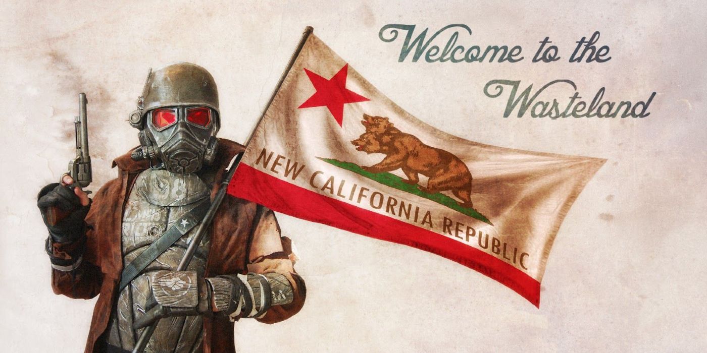 Um personagem de Fallout segurando uma bandeira da Nova República da Califórnia