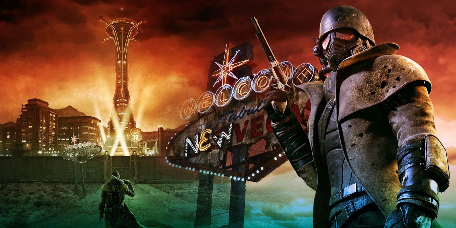A character in front of the Fallout New Vegas sign (keyart).