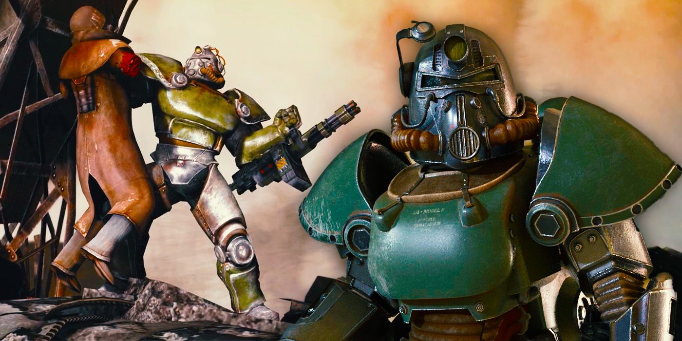 A character in green power armor, holding another character up by their neck.