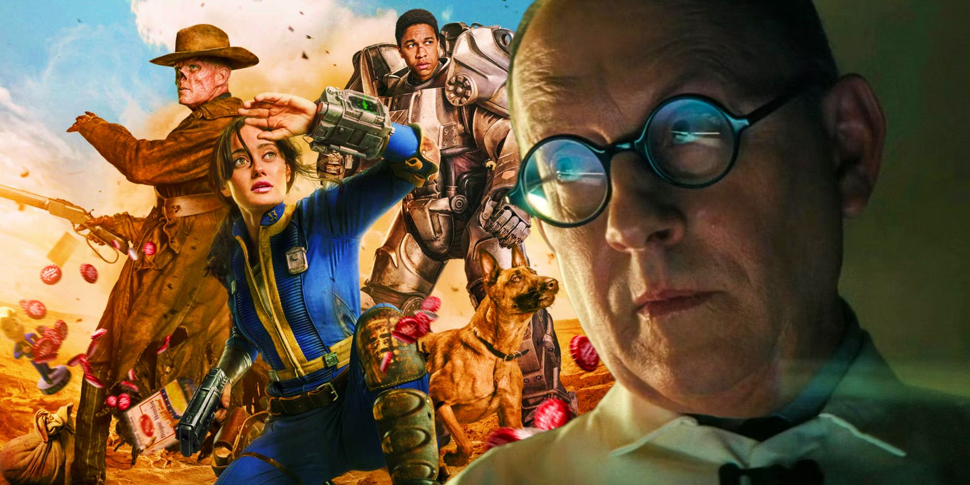 The Fallout poster featuring Lucy, The Ghoul, and Maximus next to Michael Emerson as Doctor Wilzig