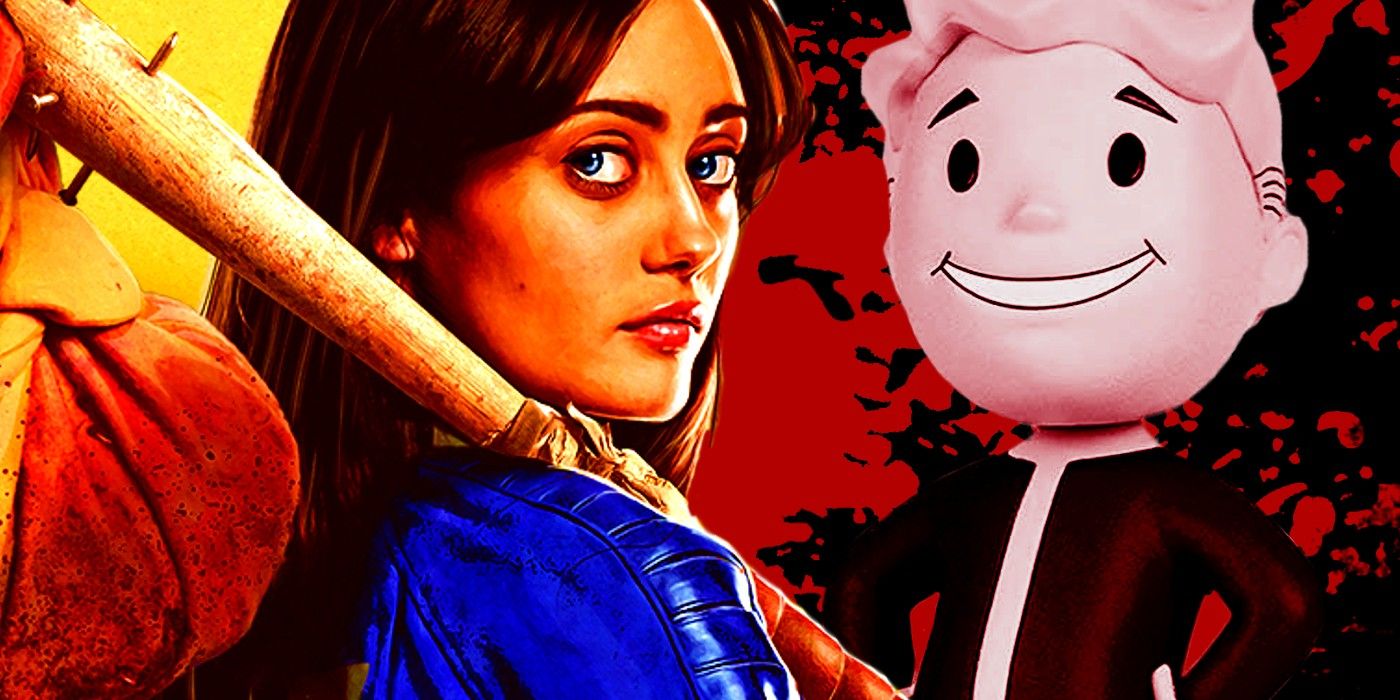 fallout's Ella Purnell with a bloody statue of vault boy