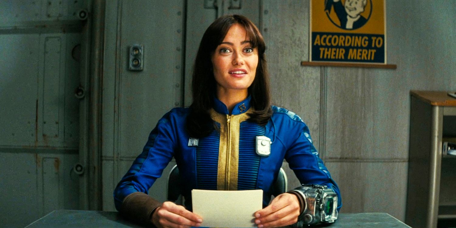 Lucy MacLean parece muito feliz ao ler algumas notas na 1ª temporada de Fallout