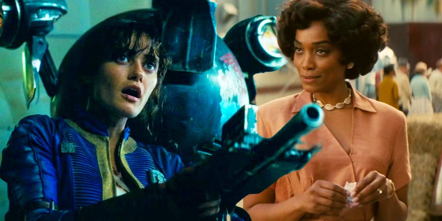 Lucy (Ella Purnell) uses a Mr. Handy robot as a weapon next to Barb Howard (Frances Turner) in Fallout