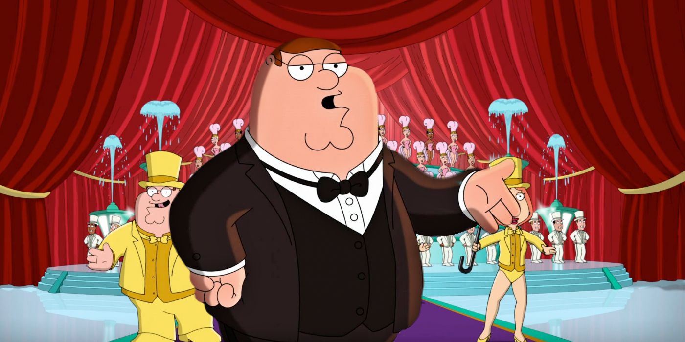 An image of Peter Griffin in a tux against an image of the Griffin family in the middle of a music performance with many dancers behind them