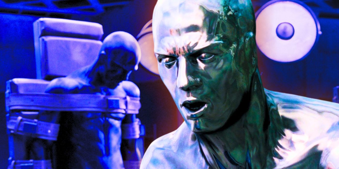 Live action Silver Surfer being tortured next to a close up of him from Fantastic Four: Rise of the Silver Surfer