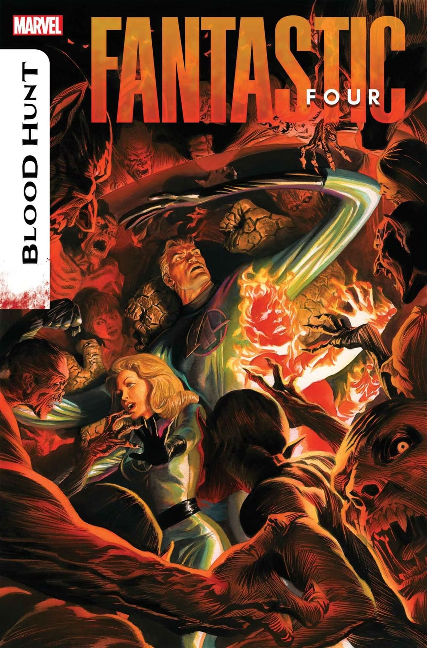Fantastic Four #21 Blood Hunt cover by Alex Ross, featuring vampires surrounding the Four.