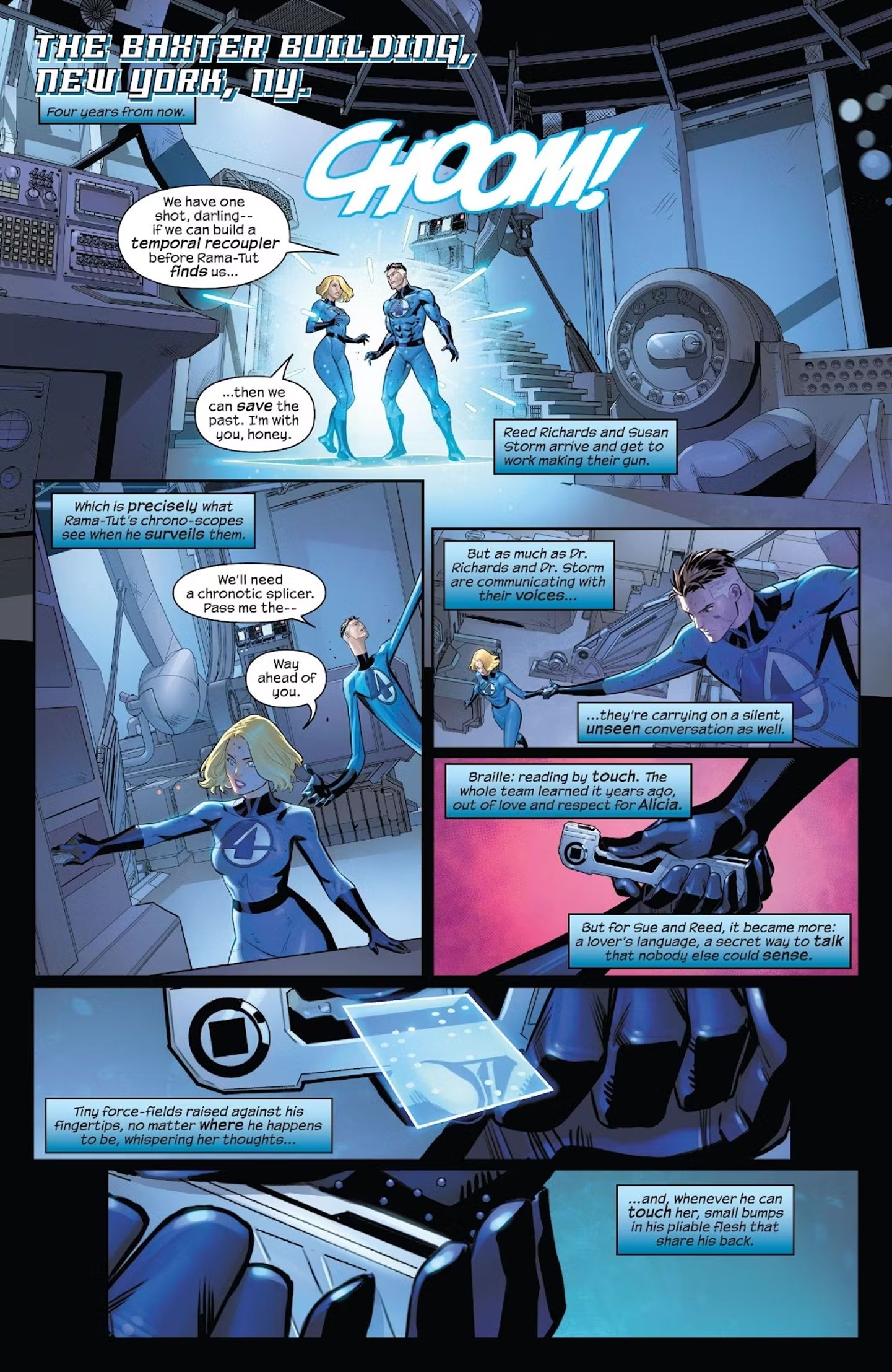 Mr. Fantastic and the Invisible Woman use Braille to communicate and design a weapon in their laboratory.