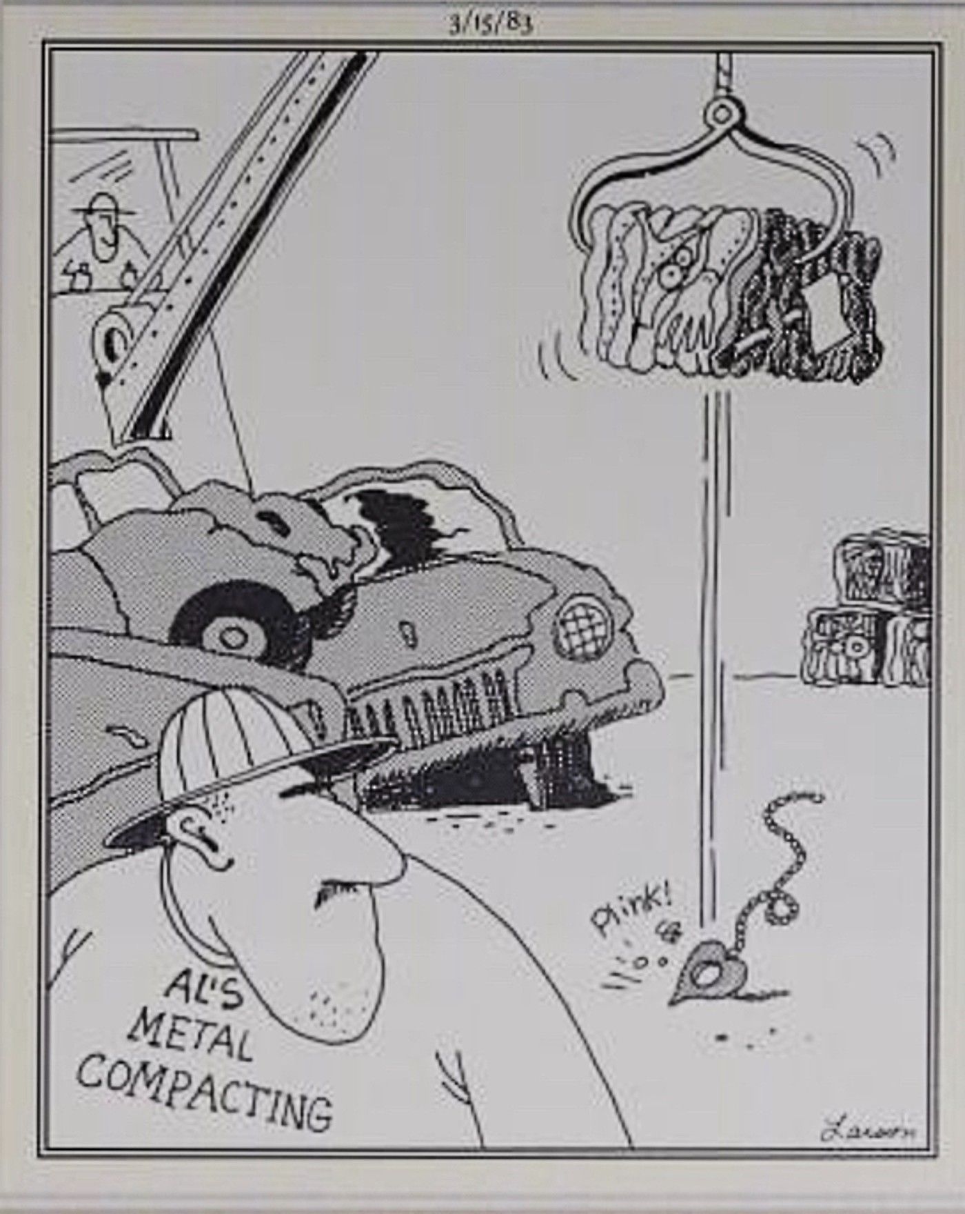 Far Side, Al's metal compacting accidentally crushes people