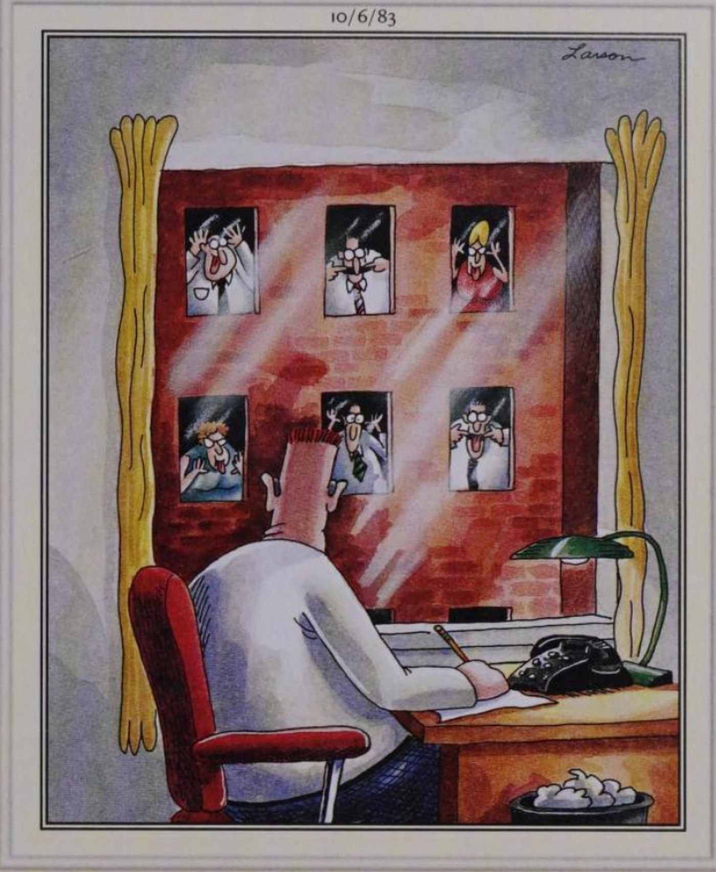 Far Side, cartoonist looking out the window at a building full of Far Side characters making faces at him