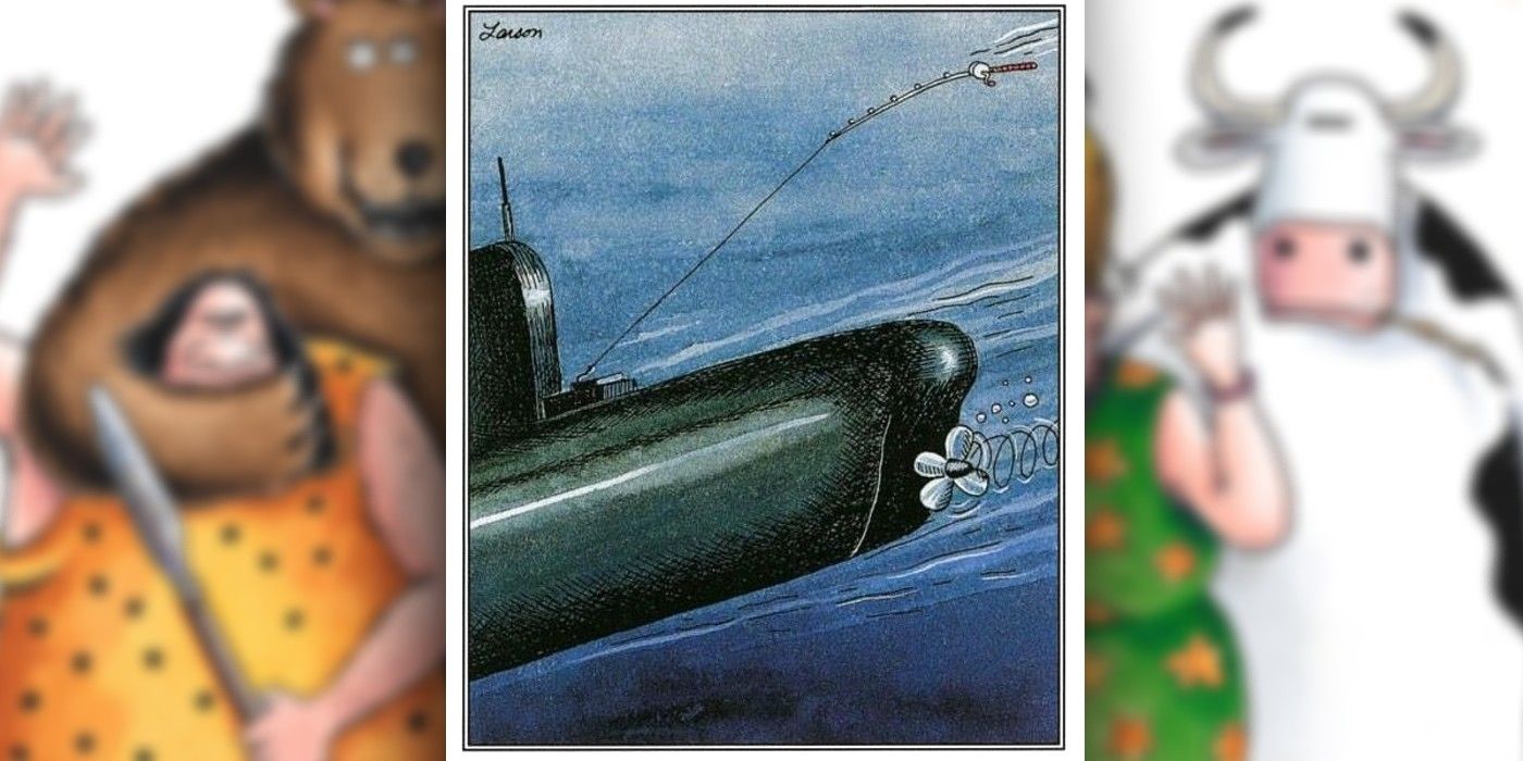 far side comic where a fisherman has 'caught' a submarine