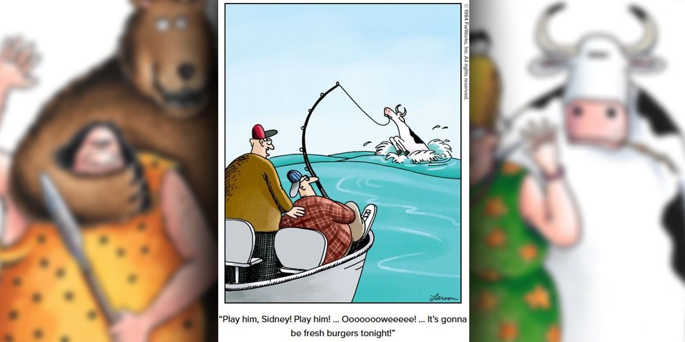 far side comic where fishermen catch a cow