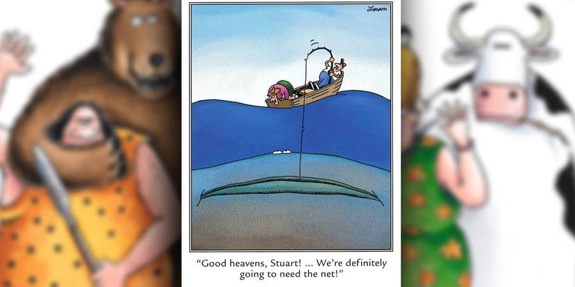 far side comic where fishermen catch a gigantic fish
