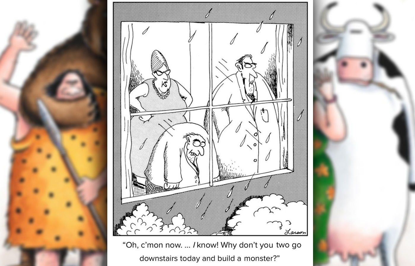 far side comic where frankenstein and igor are bored on a rainy day