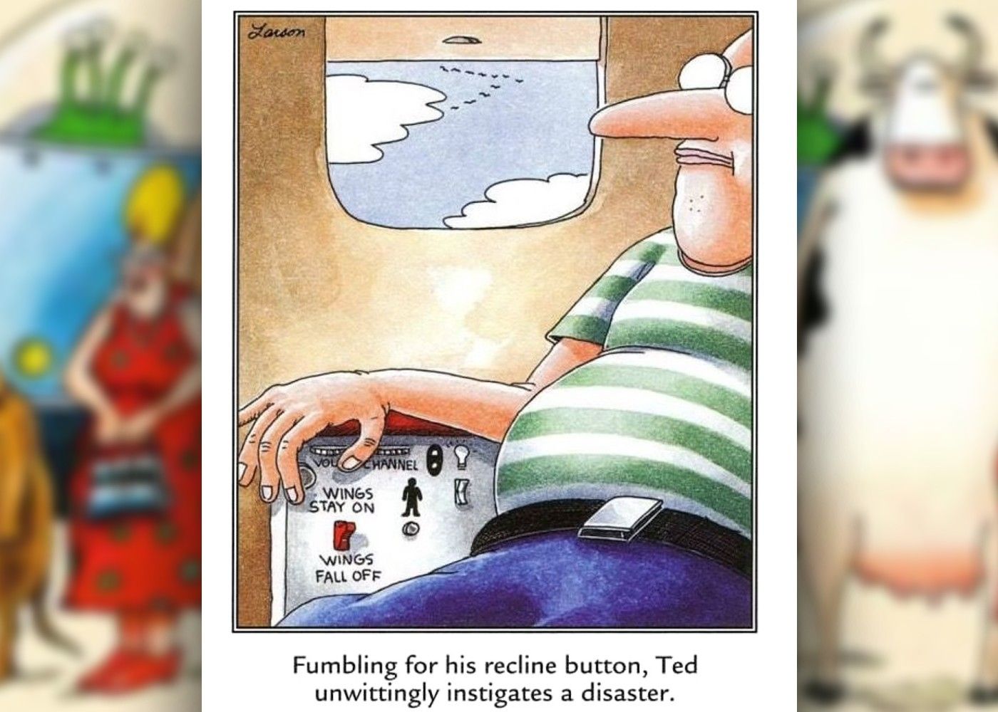 far side comic where plane has wings fall off button