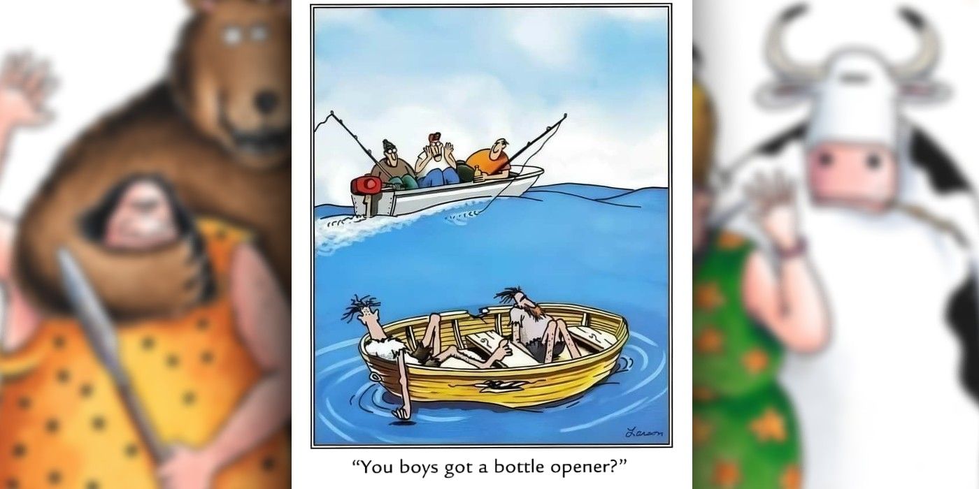 far side comic where some fishermen discover castaways and ask if they've got a bottle opener