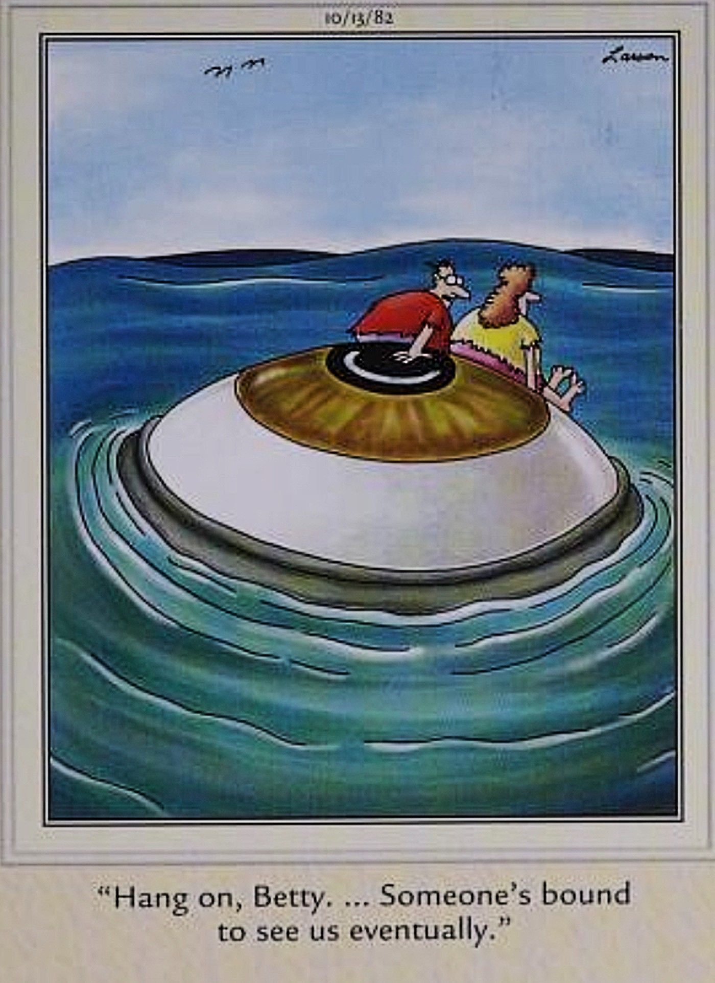 Far Side, couple stranded on island, which is actually the eye of a giant sea monster