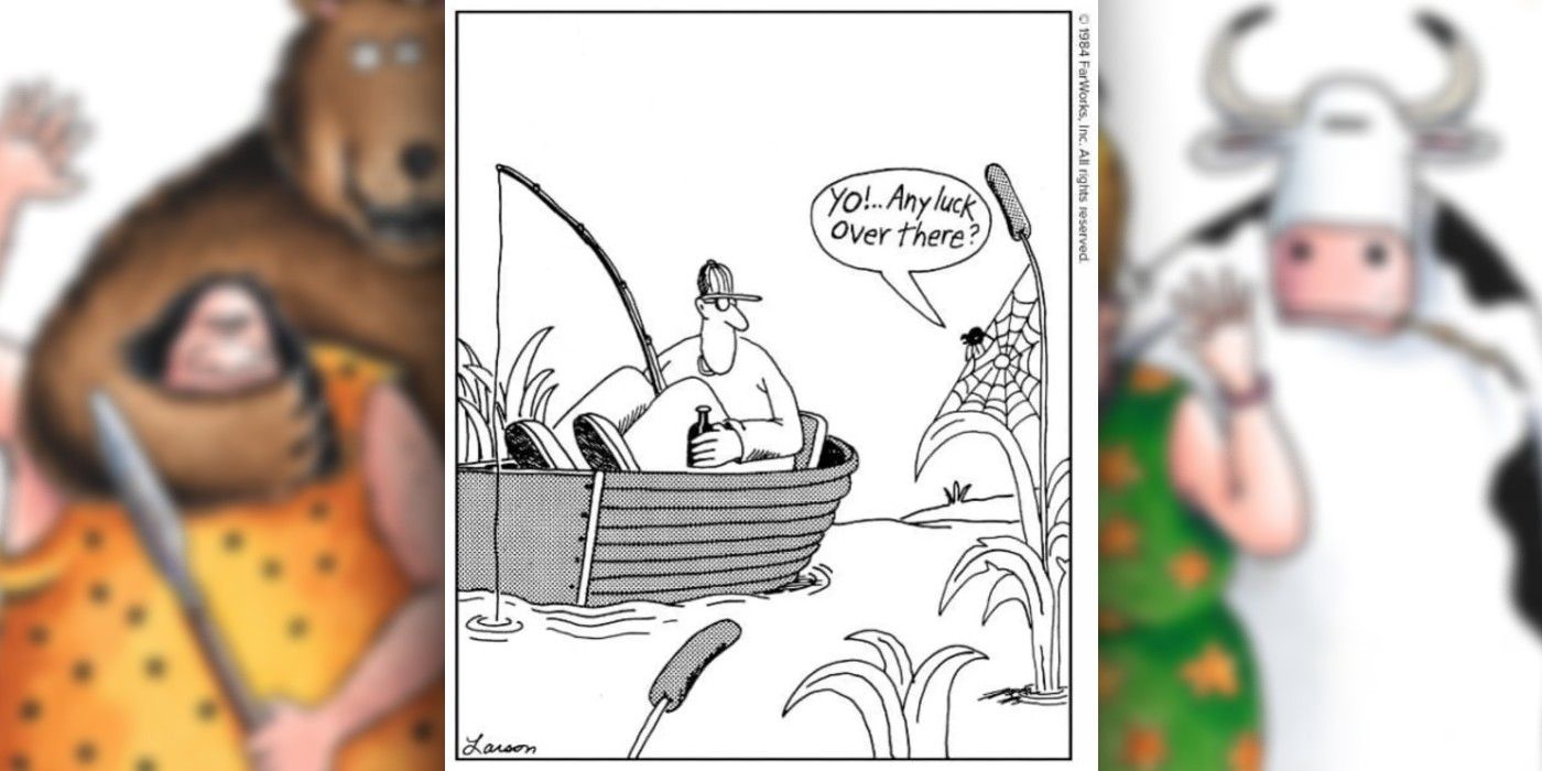 far side fishing comic where the fisherman meets a spider who asks how it's going