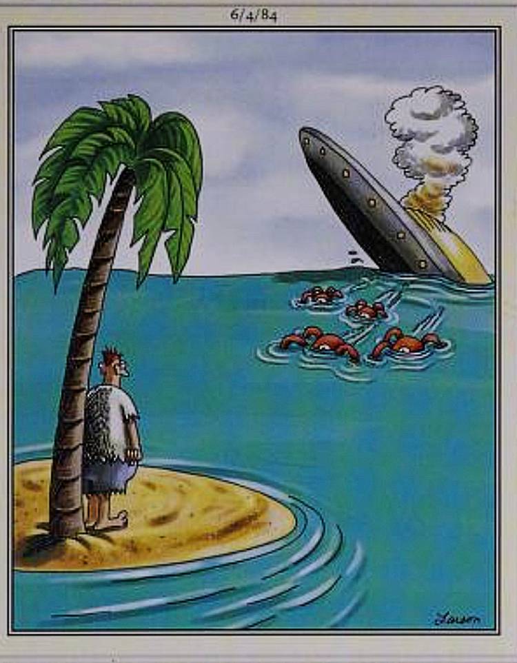 Far Side, man on desert island wathes as UFO crashes in ocean and aliens swim toward him
