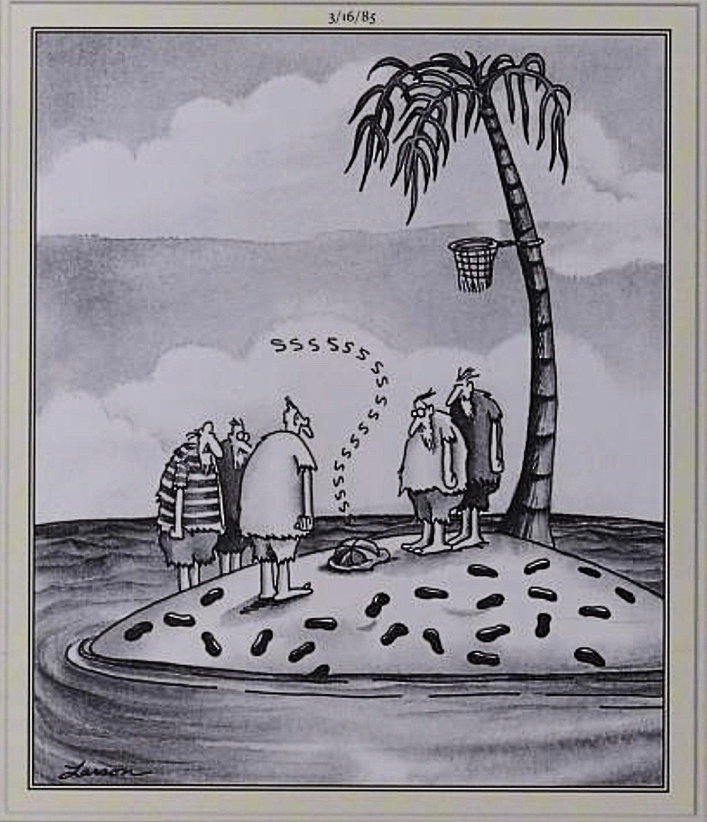Far Side, men playing basketball on desert island let the air out of their ball