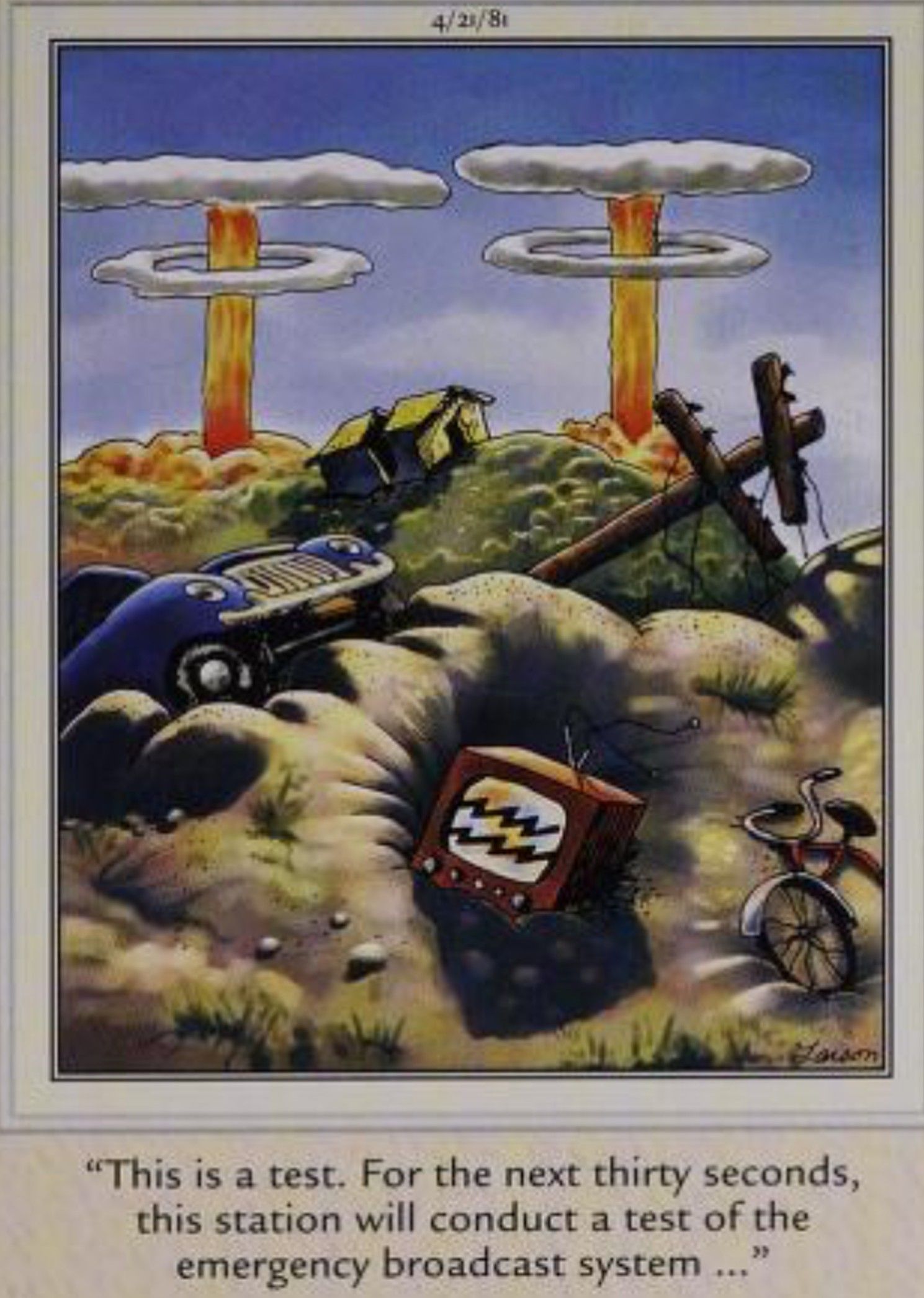 Far Side, nuclear bombs going off during a test of the emergency broadcast system