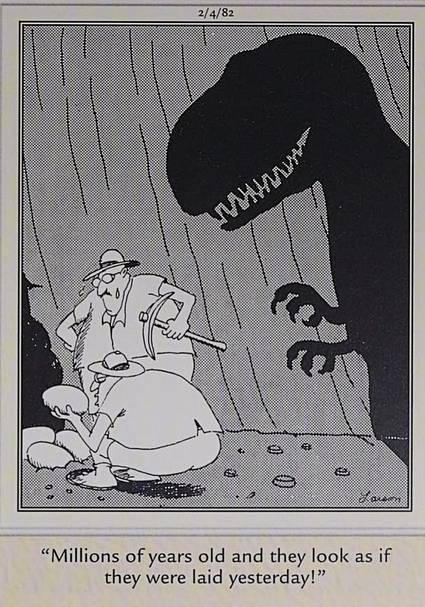 Far Side, scientists about to be devoured by a T-Rex, seen in silhouette