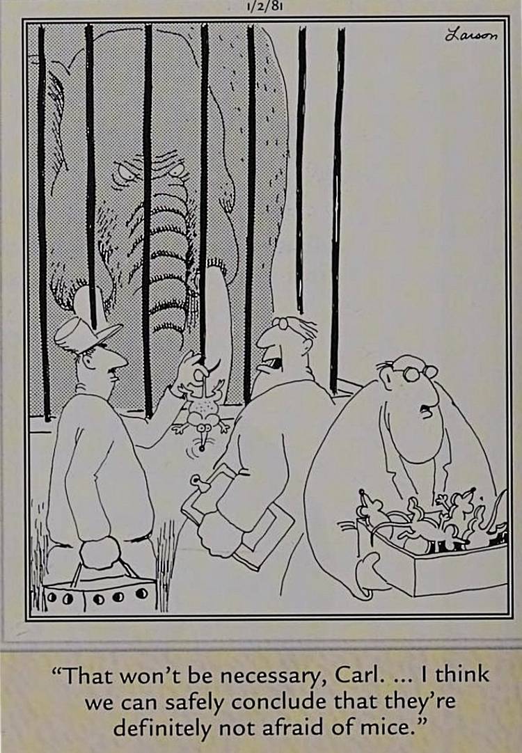 Far Side, scientists testing an angry elephant to determine if it is scared of mice