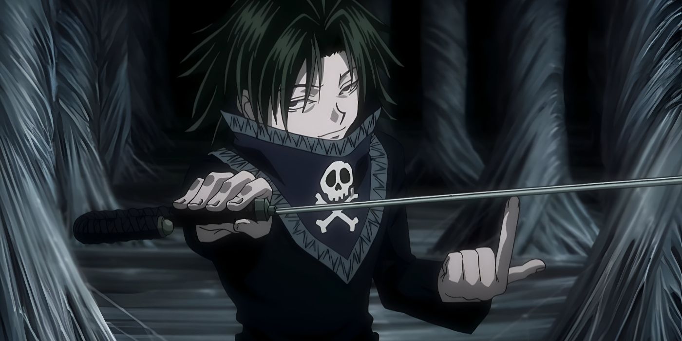 Feitan unsheaths his sword during his fight with Zazan in Hunter x Hunter.