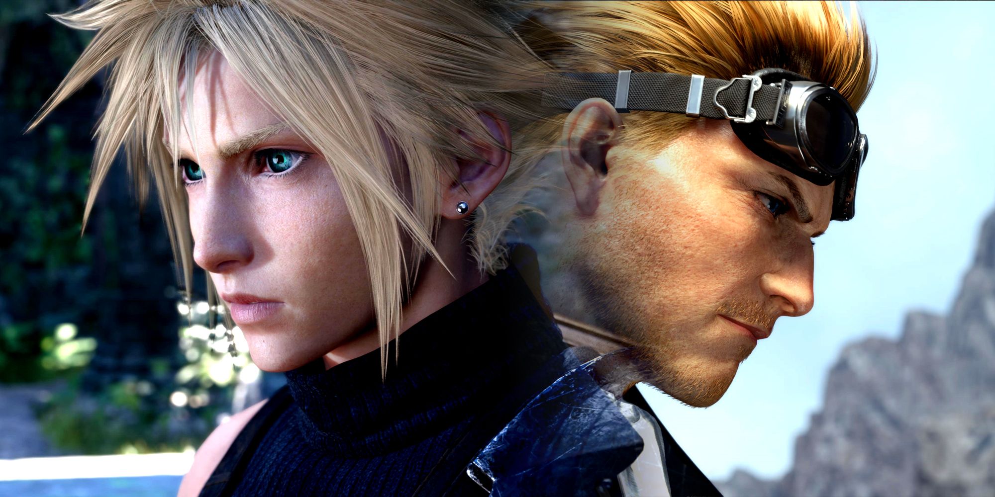 Cloud and Cid looking in opposite directions with intent stares in FF7 REbirth.