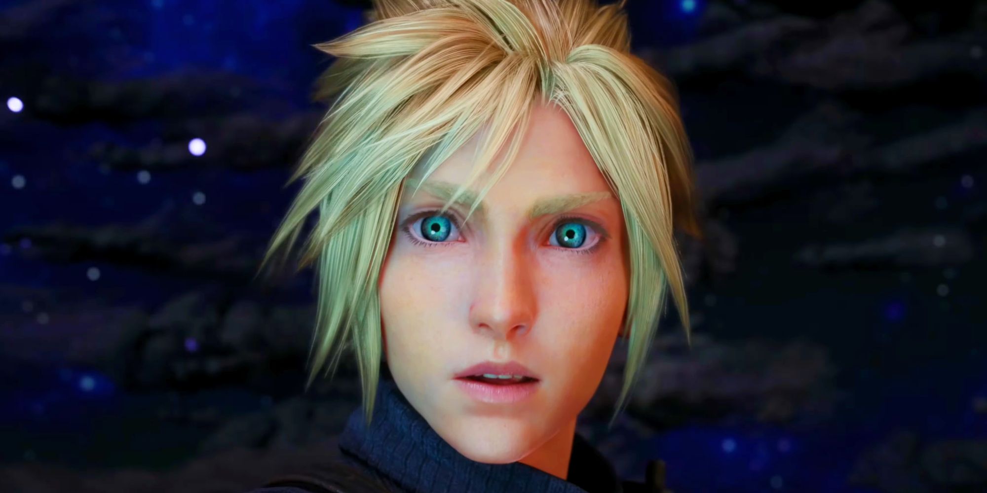 Cloud looking straight into the camera, shocked, in FF7 Rebirth.