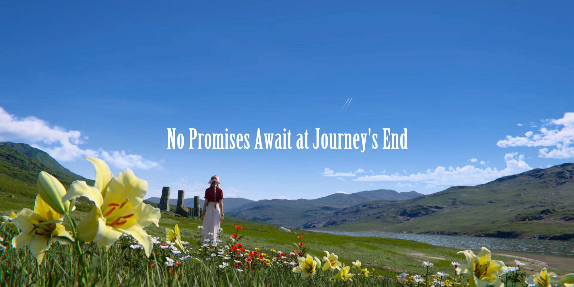 Tela final do FF7 Rebirth mostrando Aerith em um campo olhando para o horizonte com "Nenhuma promessa o aguarda no final da jornada" escrito no centro.
