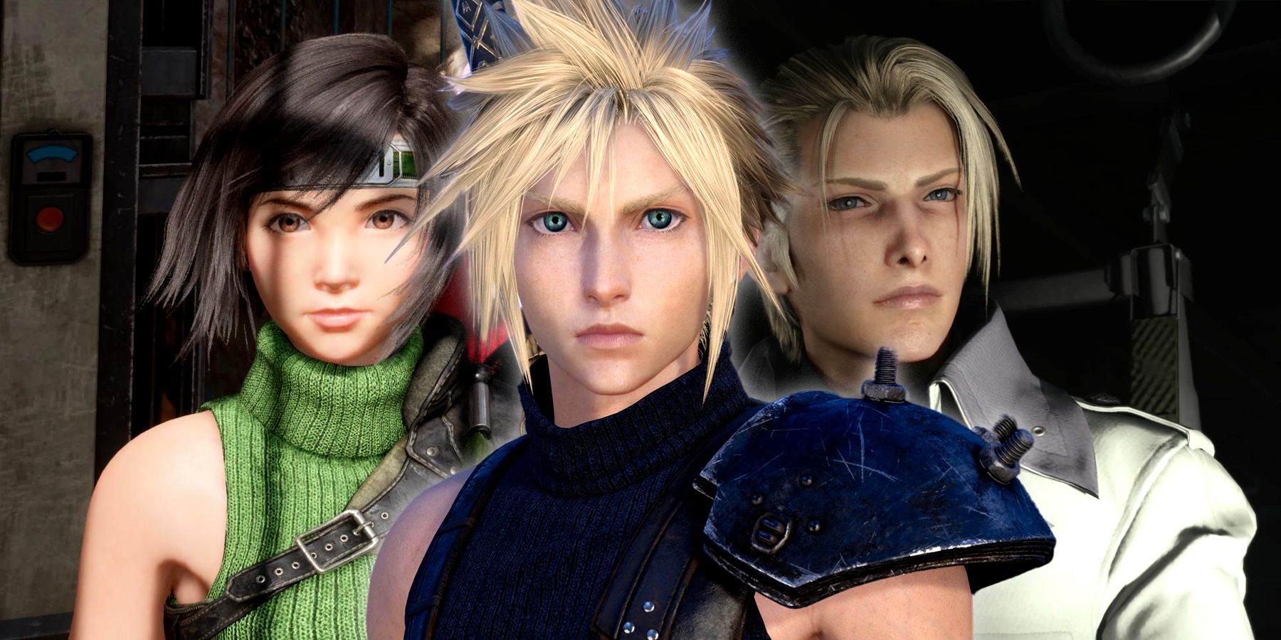 Cloud in front of Yuffie and Rufus Shinra in FF7 Rebirth.