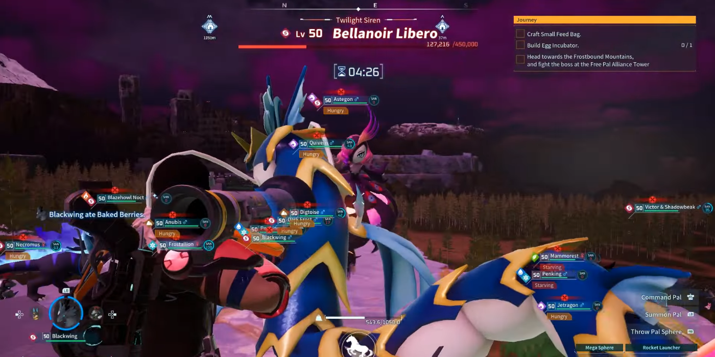 Jogador e seus amigos lutando contra Bellenoir Raid Boss em sua base em Palworld.