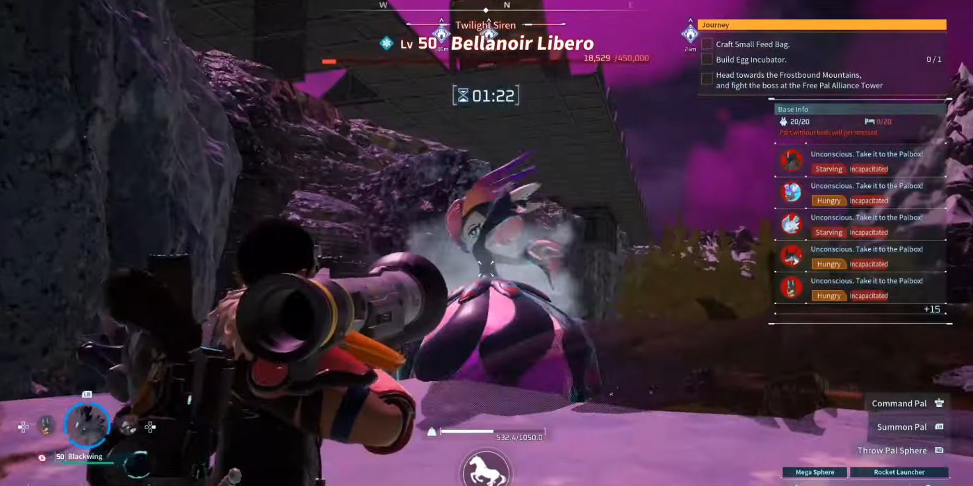 Jogador atirando em Bellenoir Raid Boss com Rocket Launcher em Palworld.